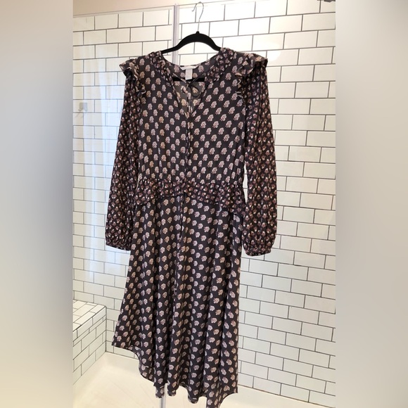 H & M Women's Size 4 Ruffled Vintage Style Midi Dress Key Hole Neck Brown - Picture 2 of 6